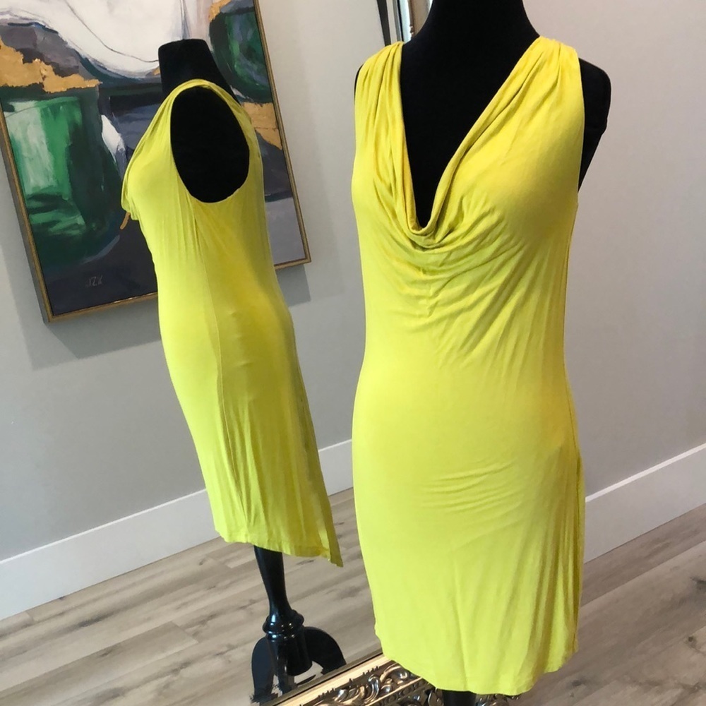 Yellow bodycon cowl neck dress